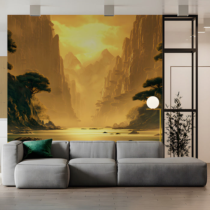 Warm sunset canyon mural in a sophisticated minimalist commercial space