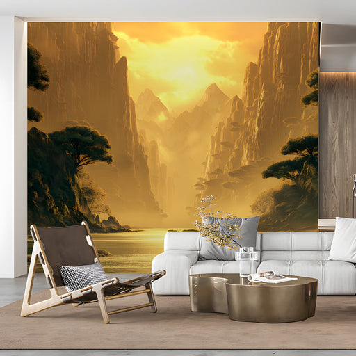 Golden mountain wall mural installed as a feature wall in a living room