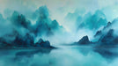 Abstract misty mountain peaks in teal and blue ink wash style over a mirrored lake