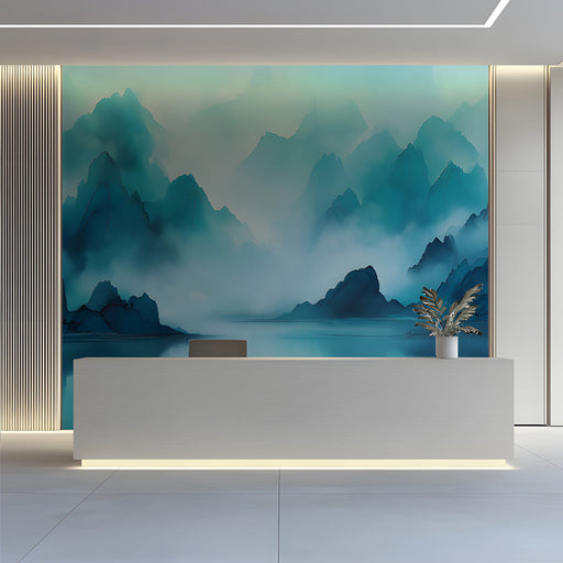 Misty mountain mural installed behind a minimalist bed in a modern reception