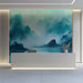 Misty mountain mural installed behind a minimalist bed in a modern reception