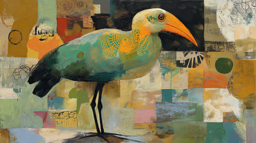 Abstract heron mural featuring teal, ochre, and orange collage style background with painterly textures