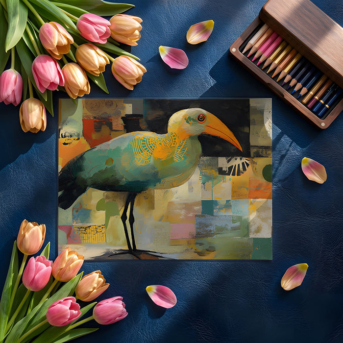 Modern home office with bird collage mural wallpaper and minimalist wooden desk