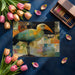 Modern home office with bird collage mural wallpaper and minimalist wooden desk