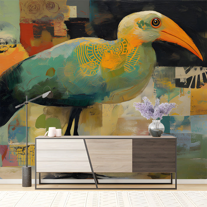 Contemporary bedroom styled with vibrant abstract heron bird mural and dark wood furniture