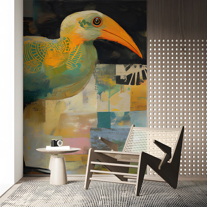Living room featuring abstract heron wall mural as a statement piece behind a neutral sofa