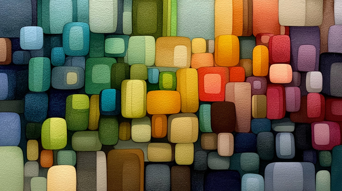 Abstract wallpaper pattern of rounded, multi-colored geometric blocks with a textured, matte finish.