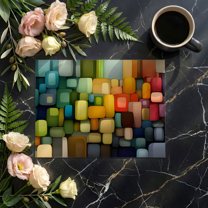 A bright, contemporary home office wall accented with the geometric mosaic wallpaper.