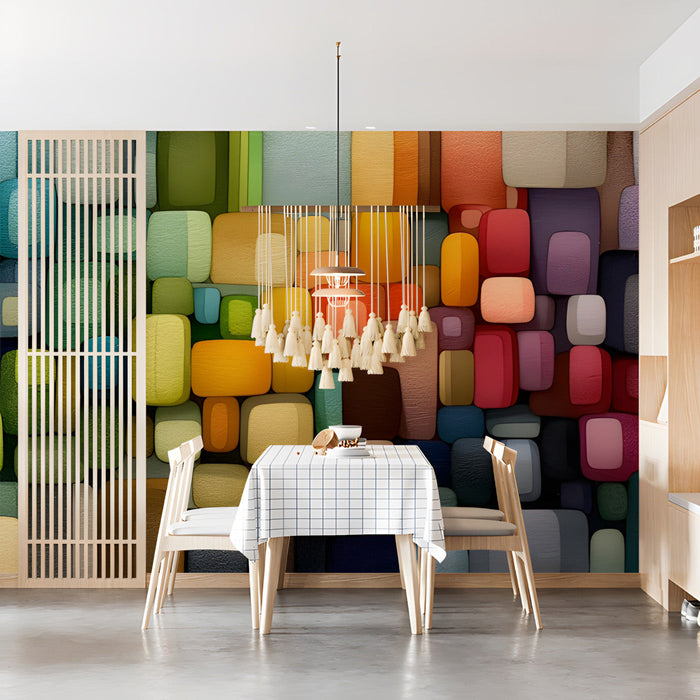 A creative dining room space decorated with the multi-colored block pattern on a large feature wall.