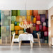 A creative dining room space decorated with the multi-colored block pattern on a large feature wall.