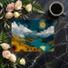 Artistic home office wall mural depicting a sunflower field and mountain lake scene