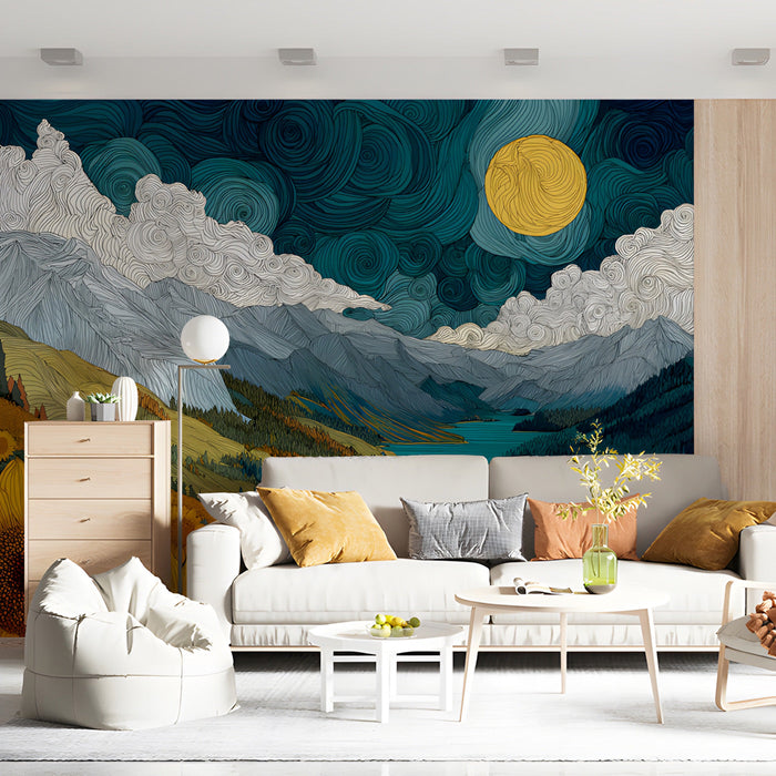 living room wall decorated with a whimsical starry night and mountain landscape wallpaper