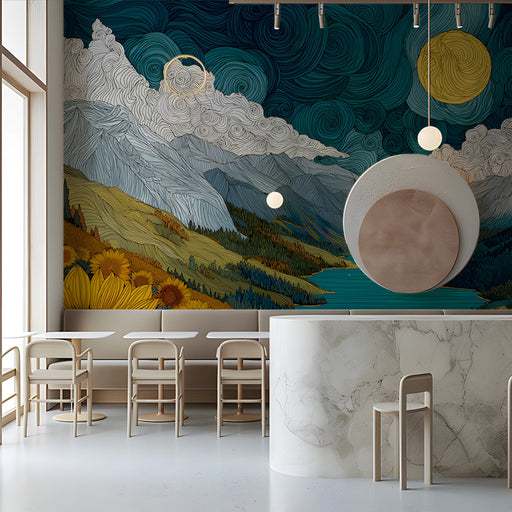Creative cafe wall featuring a vibrant landscape mural with mountains and yellow flowers