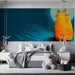 Playful kid's bedroom wall covered in a deep blue and orange cat theme mural