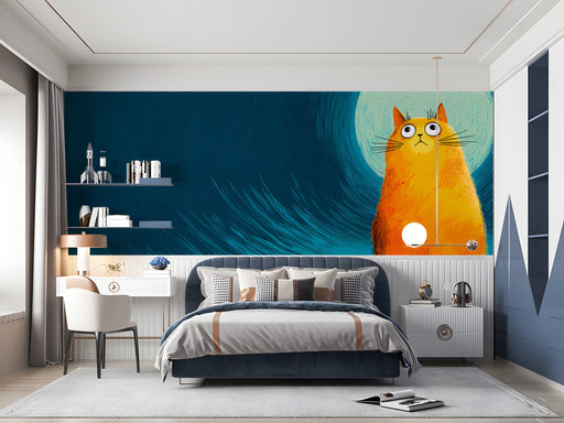 Cozy bedroom with a ginger cat wall mural and minimalist wooden furniture