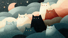 A whimsical pattern of rounded cat silhouettes blending into cloudy shapes, featuring charcoal, cream, and terracotta tones with hand-drawn hatch texture.