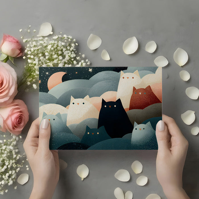 Artistic cat cloud mural in a vibrant child's playroom with wooden furniture.