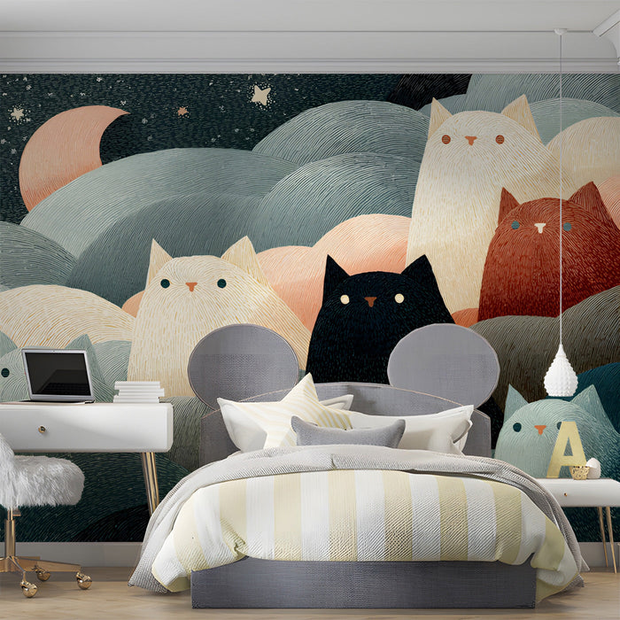 Dreamy illustration wallpaper featured in a small reading nook with a velvet armchair.