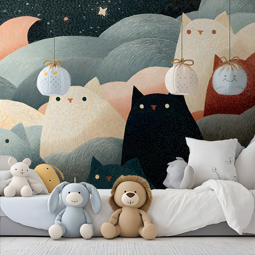 Whimsical cat wallpaper installed behind a modern upholstered bed in a cozy bedroom.
