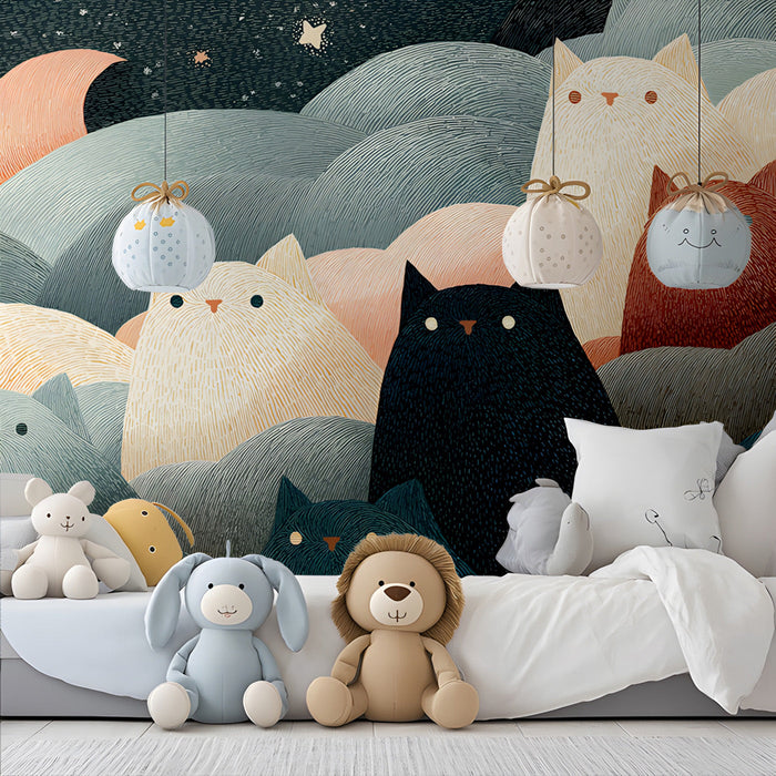 Whimsical cat wallpaper installed behind a modern upholstered bed in a cozy bedroom.