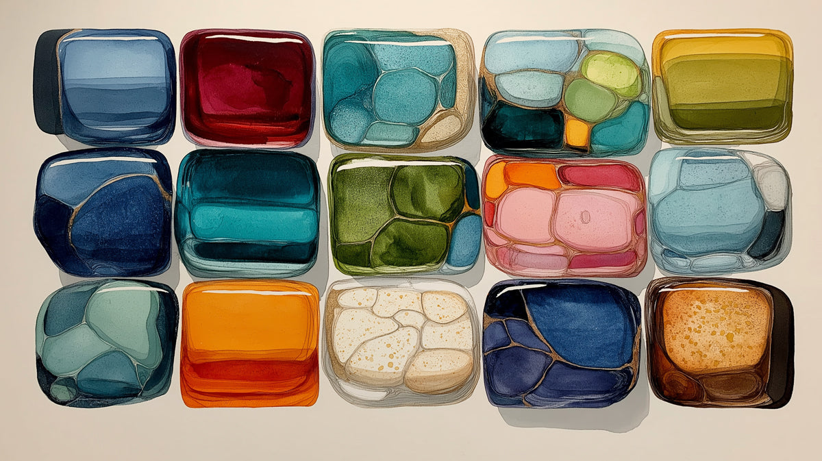 Abstract wallpaper pattern featuring rows of glass-like stones in blue, green, orange, and pink hues
