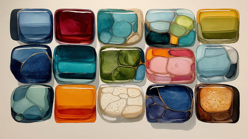 Abstract wallpaper pattern featuring rows of glass-like stones in blue, green, orange, and pink hues