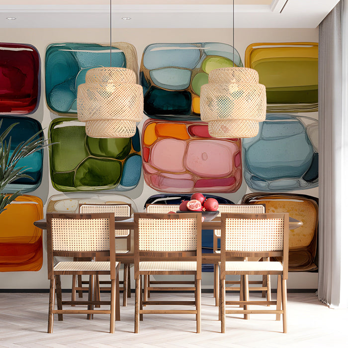 Contemporary dining room with a soft, artistic stone-themed mural behind the bed