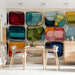 Modern dining room wall featuring vibrant abstract stone patterned wallpaper
