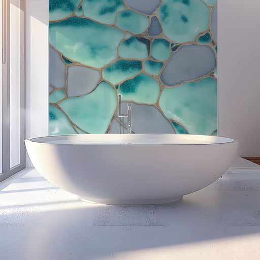Chic bathroom interior with teal and gold mosaic style feature wall
