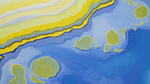 Abstract topographic wall mural with flowing layers of ochre yellow, citrus, and deep blue ink-wash style patterns