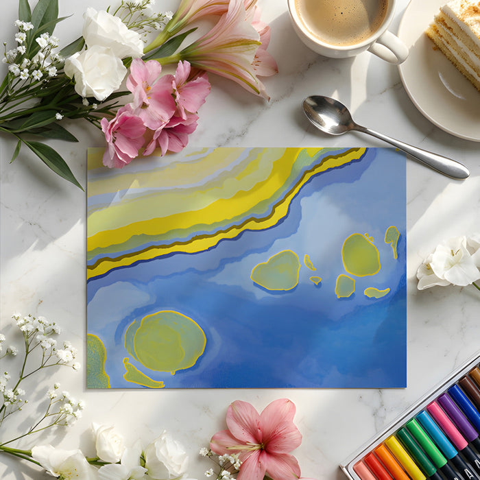 Bright home office space featuring an abstract topographic wall covering with blue and yellow tones