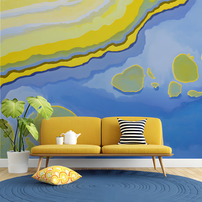 Contemporary entryway design with a colorful abstract mural highlighting fluid organic shapes