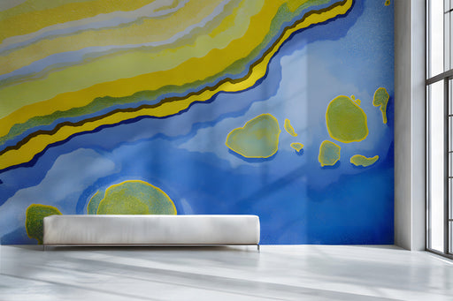 Modern hallway with a vibrant blue and yellow fluid art mural on the main feature wall