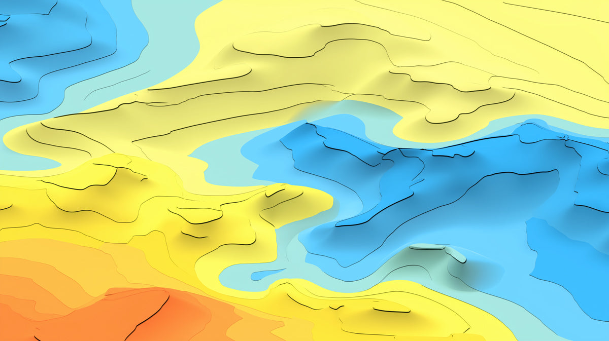 Graphic topographic map pattern with layered yellow, blue, and orange contours