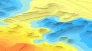 Graphic topographic map pattern with layered yellow, blue, and orange contours