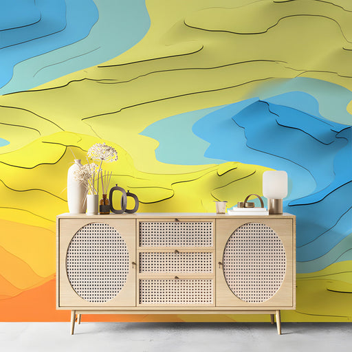 Modern bedroom with topographic contour mural on the accent wall