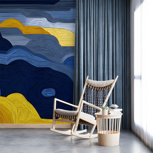 Minimalist study interior with a vibrant abstract horizon wall mural