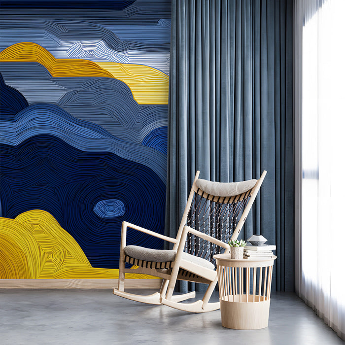 Minimalist study interior with a vibrant abstract horizon wall mural