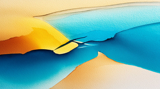 Abstract watercolor wallpaper pattern with flowing layers of vibrant azure, golden yellow, and burnt orange pigments.
