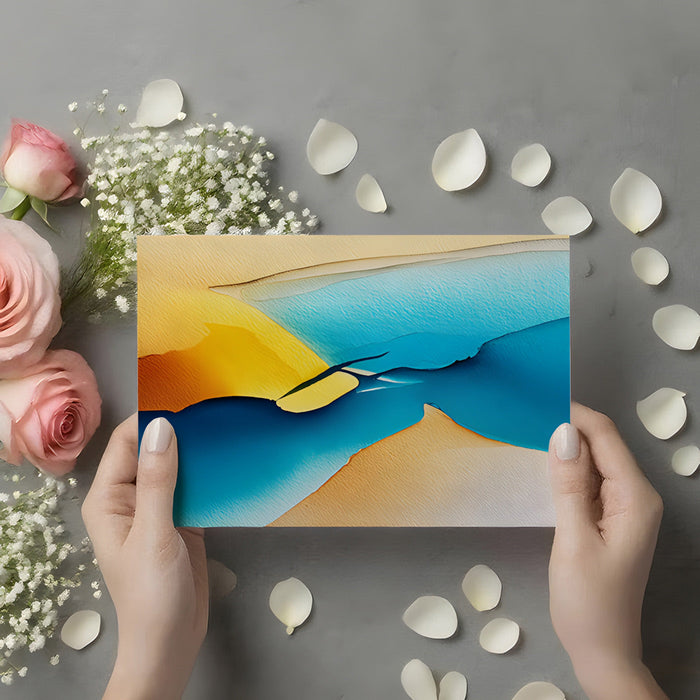 Bright home office setup with a colorful watercolor landscape wallpaper creating an inspiring backdrop for work.