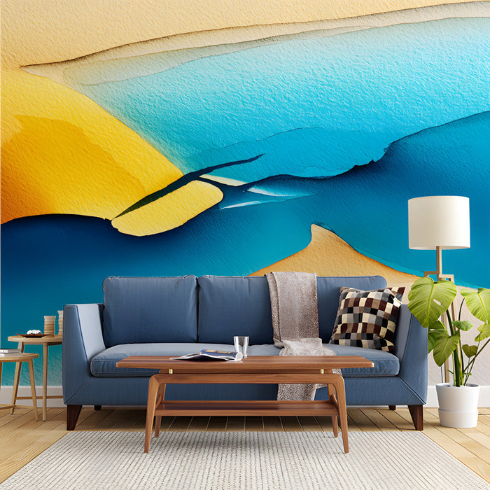 Modern entryway hallway styled with a vibrant horizon wall mural in blue and warm orange tones.