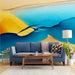 Modern entryway hallway styled with a vibrant horizon wall mural in blue and warm orange tones.