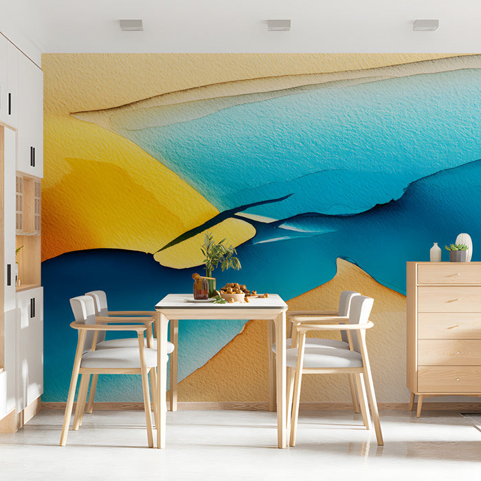 Dining room interior featuring an abstract blue and gold mural on the main feature wall behind a minimalist sofa.