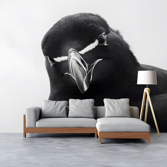 Bright hallway featuring a large-scale photographic bird wall mural