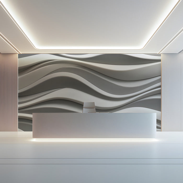 Sophisticated reception interior with flowing wave pattern wallpaper in soft gray