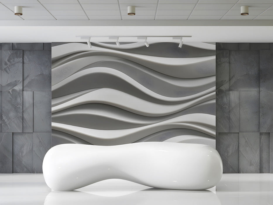 Modern entryway featuring a 3D gray wave wall mural behind a minimalist sofa