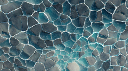 Abstract wallpaper pattern of charcoal-gray stone fragments connected by glowing cyan light fissures.