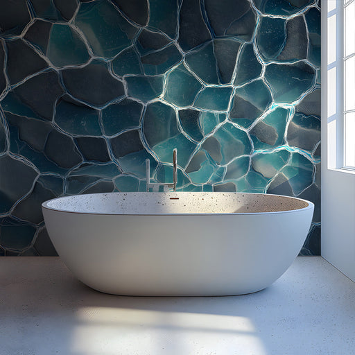 Bathroom wall adorned with a water-inspired, stone-textured abstract mural wallpaper.