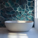 Bathroom wall adorned with a water-inspired, stone-textured abstract mural wallpaper.