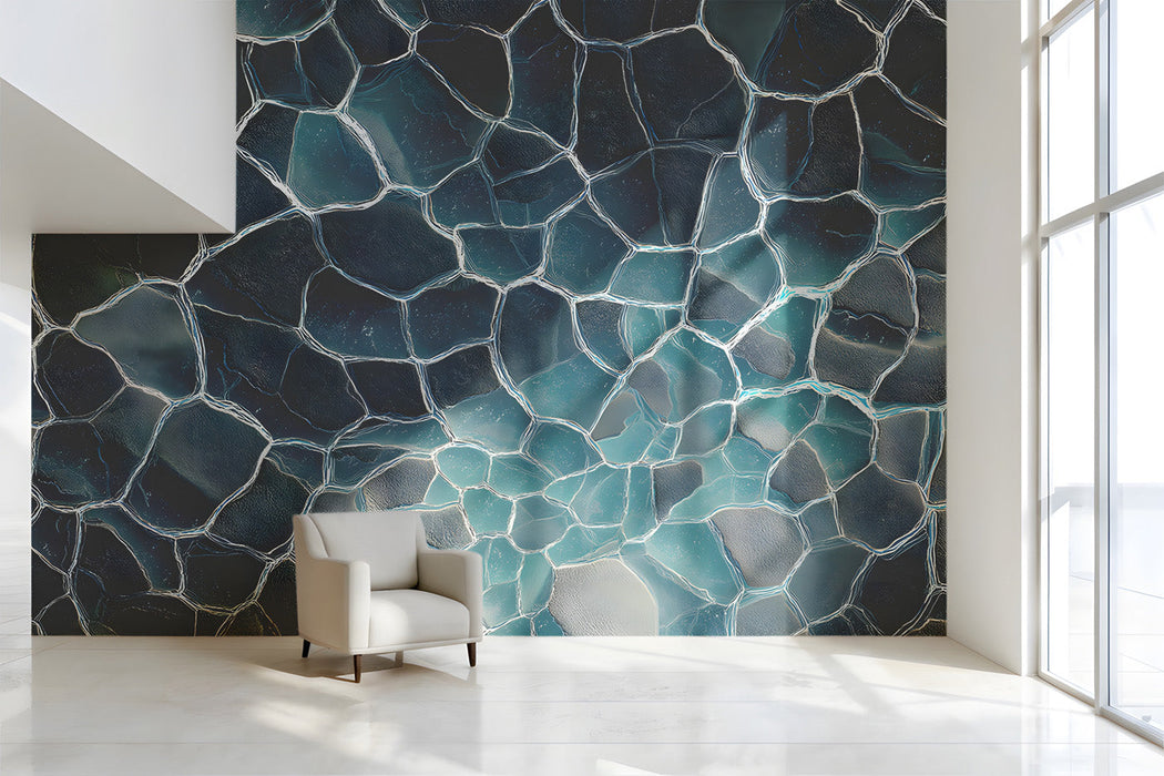 Hallway interior featuring a large wall covered in a modern glacial stone pattern.